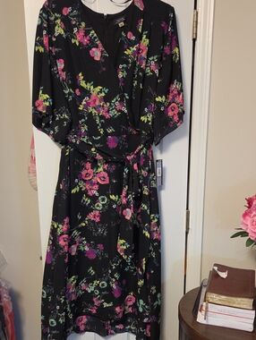 Tahari Black Floral Wrap Midi Dress with Pink & Green Accents